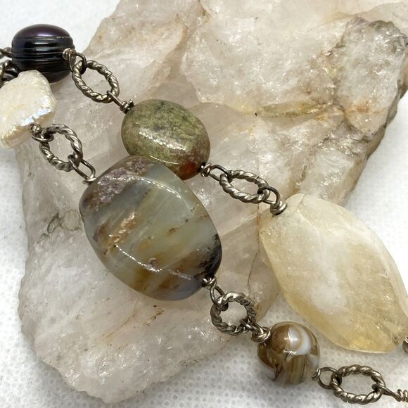 Vintage Quartz Agate Citrine Pearl 18'' Bead Necklace Sterling 925 Silver 48.8g - Picture 6 of 9